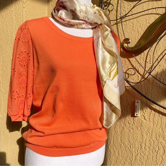 NEW NANETTE LEPORE CORAL LIGHTWEIGHT EYELET SHORT SLEEVE SWEATER S - Picture 12 of 15